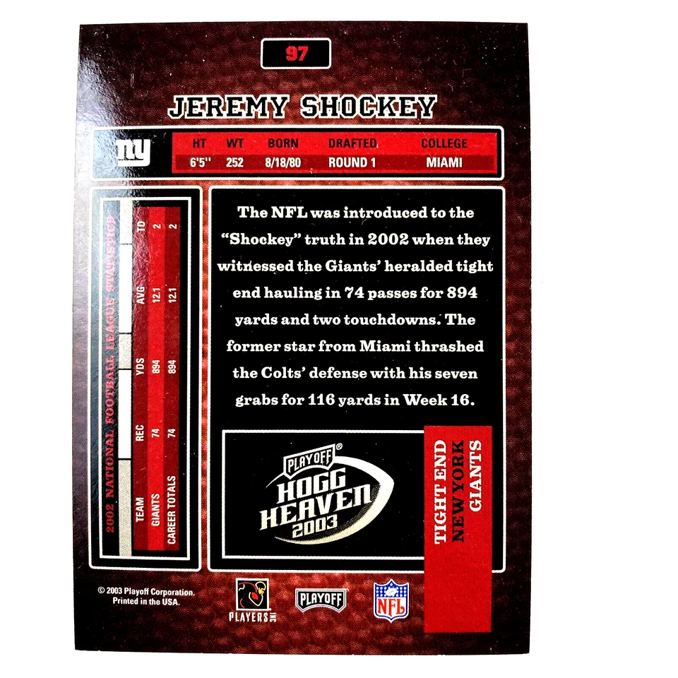 Jeremy Shockey 2003 Playoff Hogg Heaven Card #97 New York Giants - Image 2 of 2