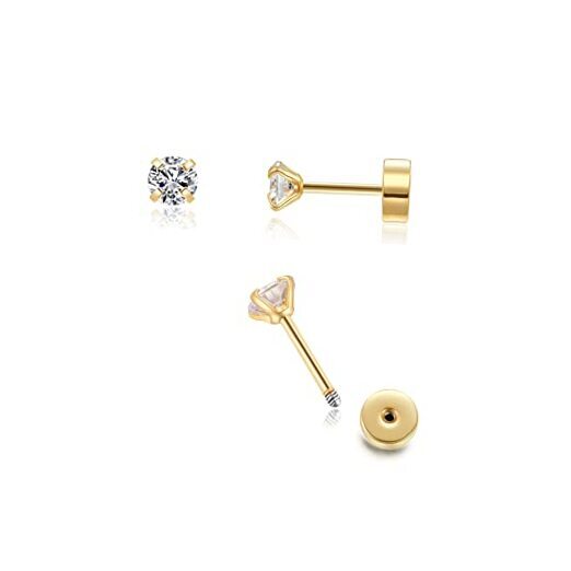 3mm Tiny CZ Screw on Flat Back Stud Earrings,Plated Flat Back Cubic 3mm CZ Gold