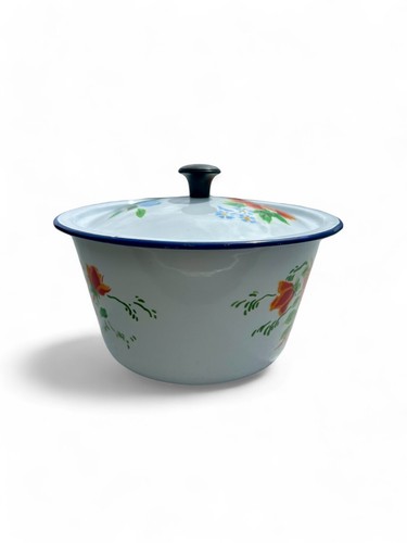 Vintage LUCKY ELEPHANT enamel bowl with lid lidded roses floral CHINA 1950's - Picture 2 of 9