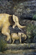 Stretched Hand Painted Oil Painting Mother Elephant and Its Baby 24x36in
