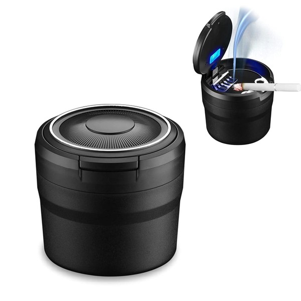 Car Ashtray Led Light Removable Hinged Lid Self-Extinguishing Black-image