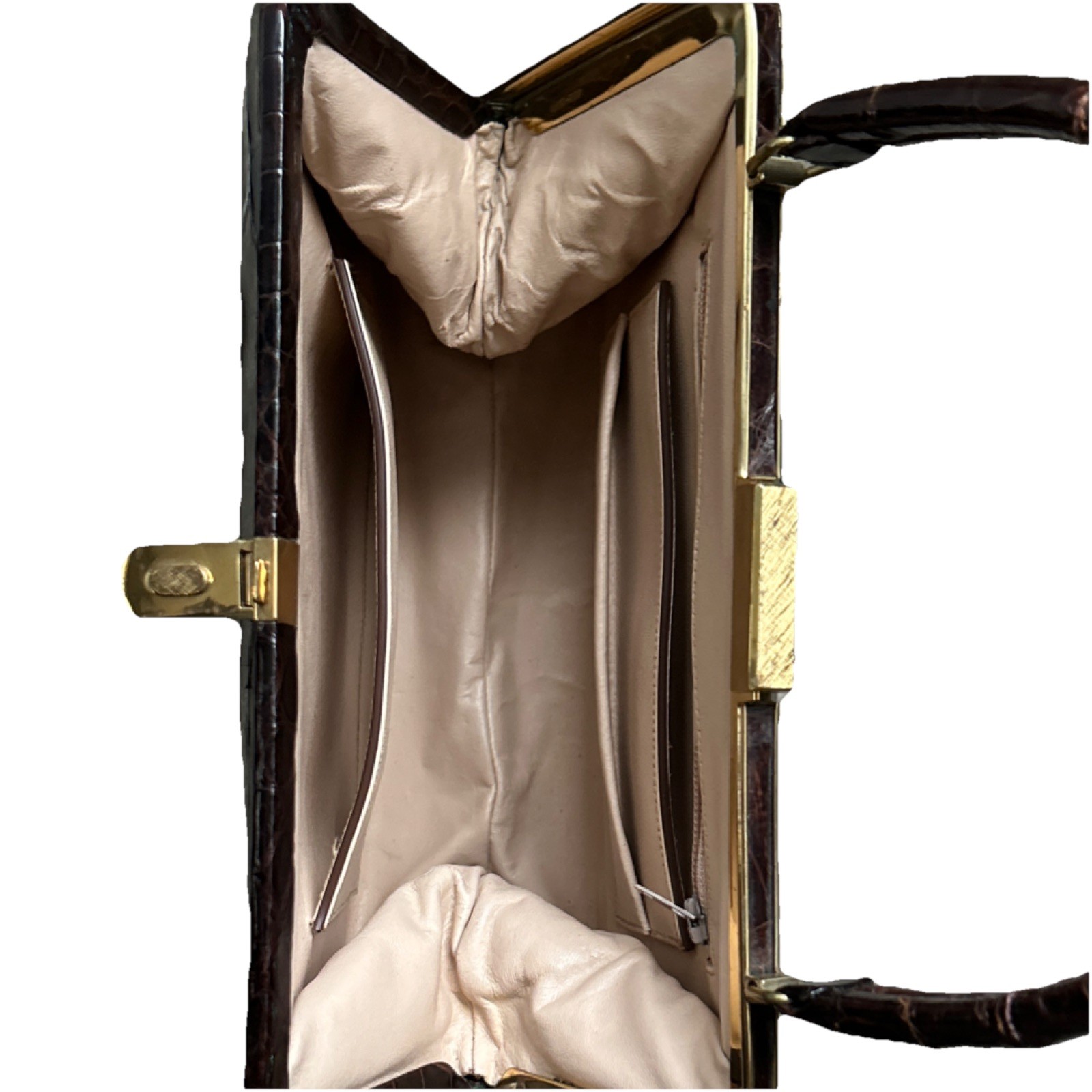 Structured Brown Crocodile Pattern Frame Handbag … - image 2