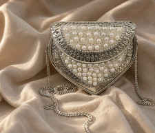 Designer Pearl Beaded Silver Clutch Bag with Chain for Women Special Gift