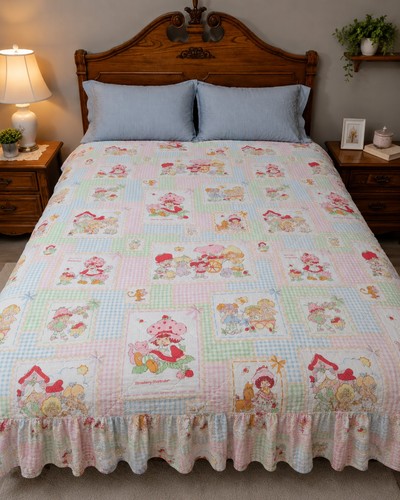 VTG Strawberry Shortcake Bedspread & Skirt Sheet Twin/Full Friends Animals 1983