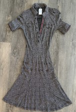 ExE Italy Black White Print Shirt Dress Red Trim Button Front Fit Flare Midi S