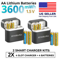 2 Smart Charger Kits: 2 Chargers  8 Lithium AA 3600 mWH Rechargeable Batteries