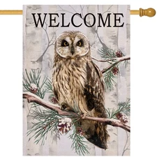 Welcome Winter Owl Bird Snow Decorative House Flag, Pine Tree Branch Yard Out...