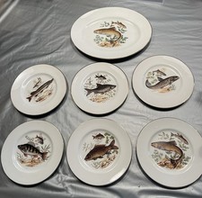 Vintage Maddock Ware England Fish Pattern Ceramic Serving Platter & 6 Plates VGC