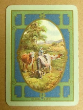 "Rural Life" Cows/Maiden - 1 Antique Vintage USWN Wide Named Swap Playing Card