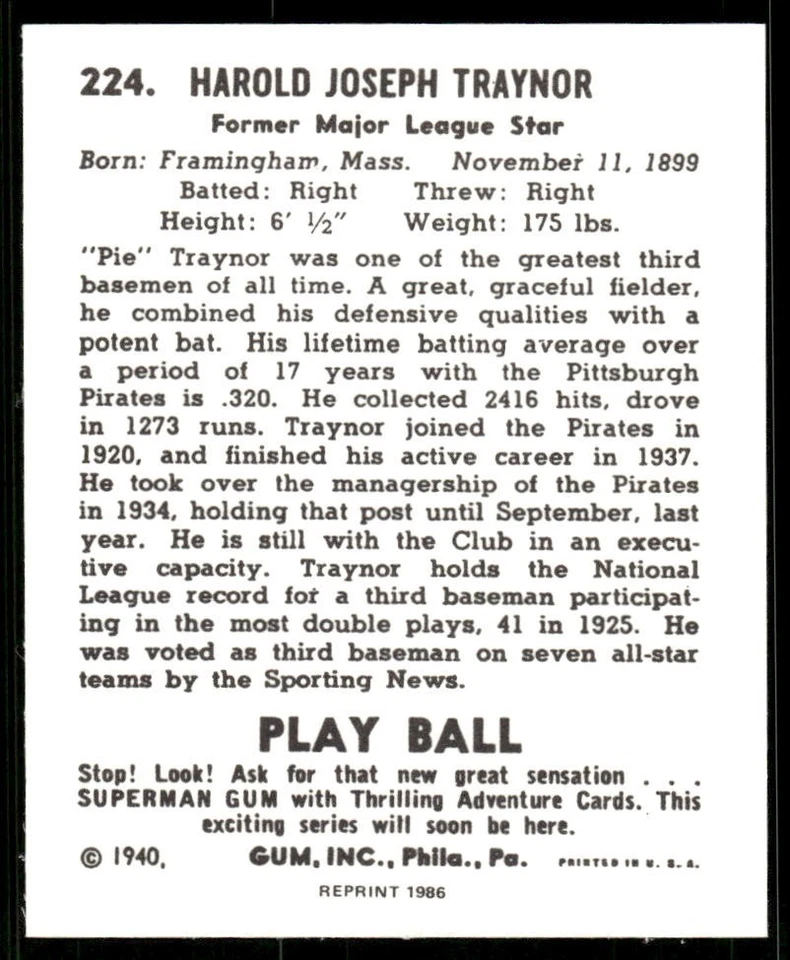 Harold Traynor 1986 Play Ball REPRINT Baseball Card #224 (NM) - Image 2 of 2