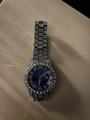 Men's Silver and Blue Iced Out Watch with Diamond Accents New Battery Working