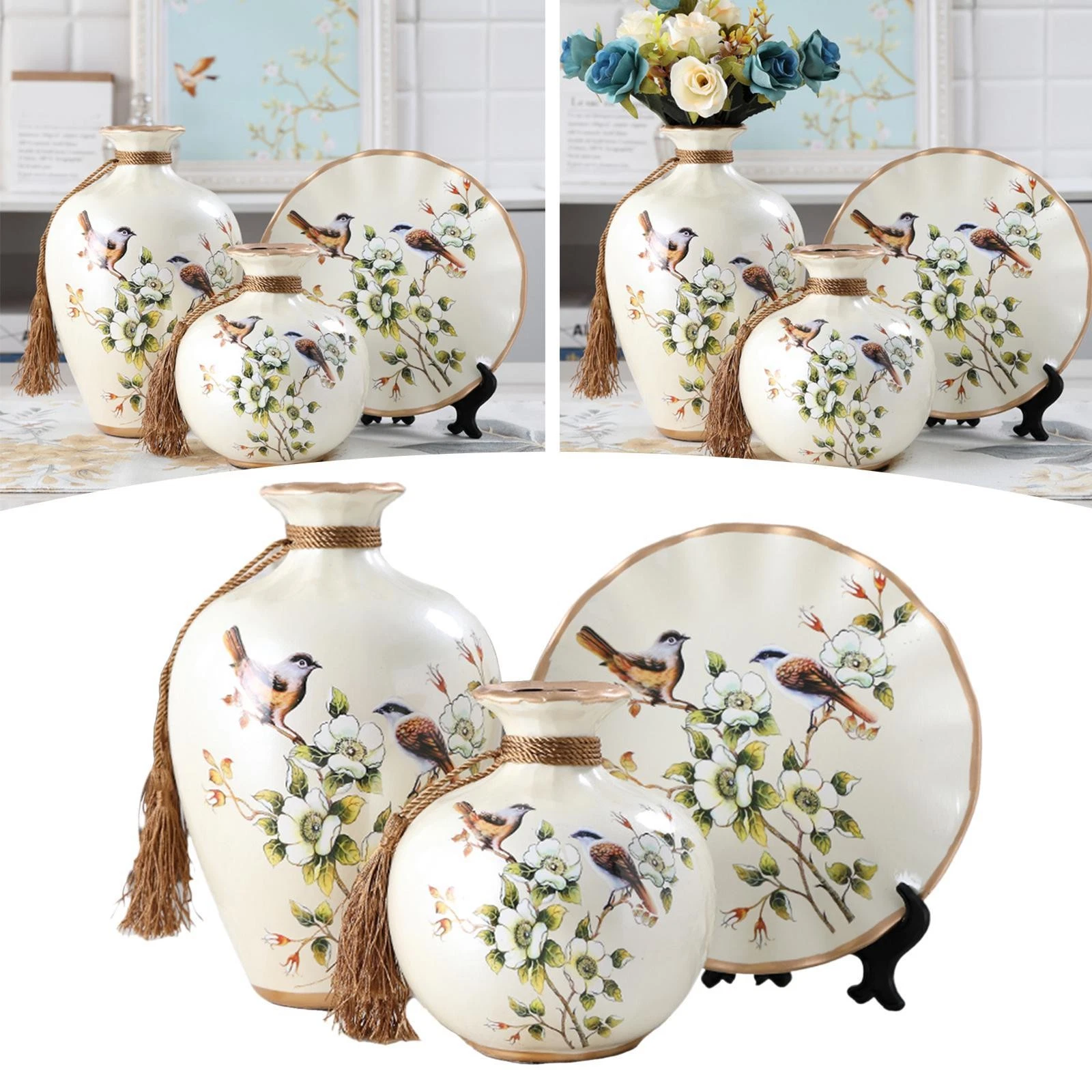 3Pcs Decorative Ceramic Vases Bird Decor Porcelain Vase Ornaments for Living