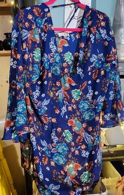Moa Moa Shirt Womens 1X Blue Floral Sheer V Neck Blouse