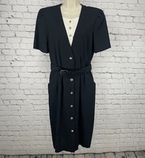 VTG Periwinkle Black Retro Padded Belted Pockets Shift Dress USA Made Size 14