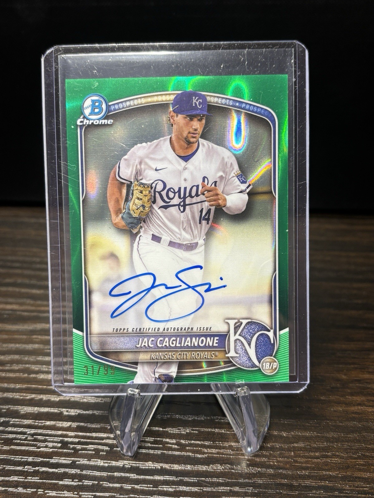2025 Bowman #CPA-JCA Jac Caglianone Chrome Prospect Auto Green Lava /99 Royals