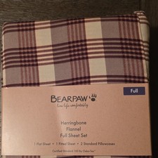 BEARPAW Herringbone Flannel Full Sheet Set Plaid Beige/Burgundy OEKO-TEX