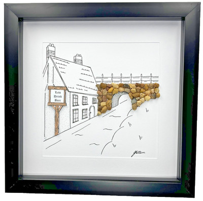 Handgefertigte Kiesel Kunst Kneipe Geschenk für Ihn rustikale Kneipenszene 8x8 gerahmtes Bild