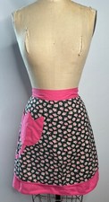 VTG 60'S PRETTY PINK BLACK TULIP FLORAL PRINT TIE BACK HALF REVERSIBLE APRON S