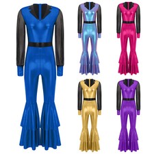 Womens Disco Costumes Metallic Shiny 70s Disco Jumpsuits Bell Bottoms Dancewear