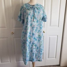 Vintage 60s Smart Time House coat Robe Nightgown Blue Cotton Floral Small