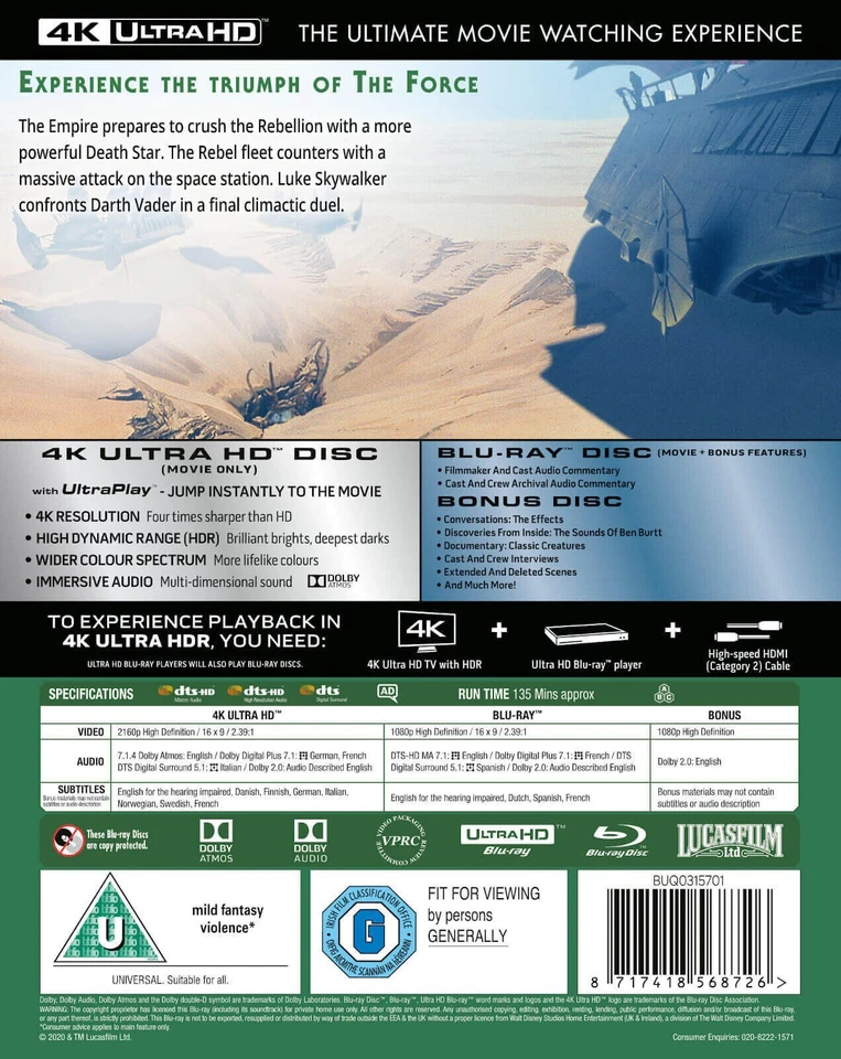 Star Wars Episode VI Return of the Jedi 4K + Slip Cover UHD Blu-ray (UK)[1983] - Image 3 of 4