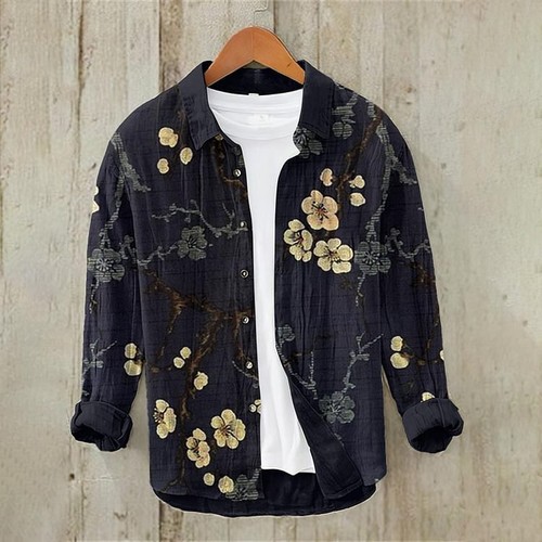 Camisa Top Para Hombres Estampada Mangas Largas Blusa China Abotonada Algodón Lino Prendas para el torso - Imagen 18 de 31