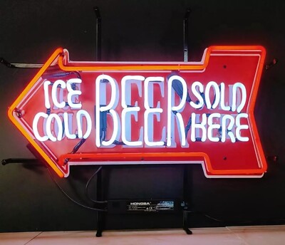 24''x15'' Ice Cold Beer Sold Here  Arrow Neon Sign Lamp Light HD Vivid Printing MM
