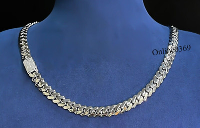 Men's Natural Diamond 10 X 20 '' Miami Cuban Lock Chain Necklace 925 Real Silver