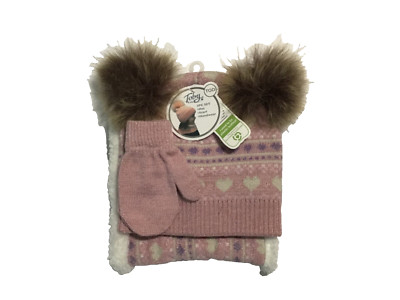 Toby & Me Girl's 3 Piece-Hat Scarf Mittens Sz Toddler Pink w/ Heart Pattern NEW