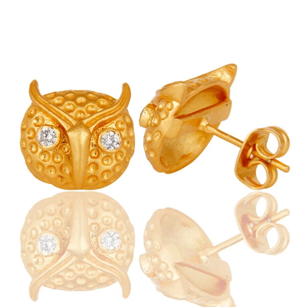 Набор из 18-каратного желтого золота с цирконием с изображением совы птиц животных минимальные серьги-гвоздики - Изображение 3 из 4