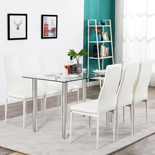 7 Piece Dining Table Set Glass Kitchen Table Dining Room Set Breakfast