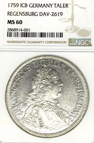 German States Regensburg 1759 Taler Coin Thaler NGC MS 60 VZ/F.STG UNC RARE 