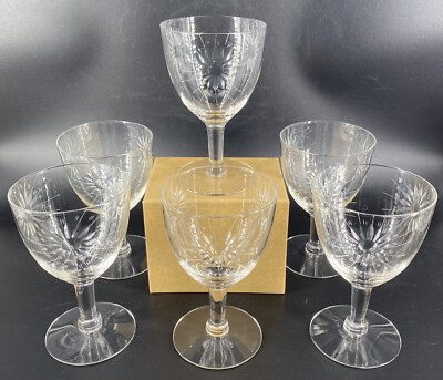 VTG MCM Crystal Flower Etched & Cut Wine Glasses Sun Burst Blown 5.25  Set Of 6