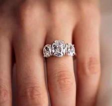 2 Ctw Oval Cut VVS1 Moissanite Three Stone Engagement Ring 14k White Gold Plated