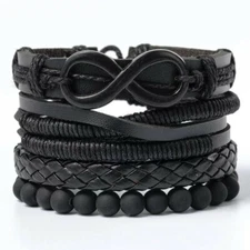 Letter 8 Alloy Four Piece Combination Black Beaded Twist Thread Leather Bracelet