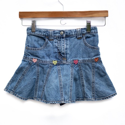 Gymboree Girls 7 Denim Mini Skirt Blue Embroidered Hearts Lined Shorts Built-in - Picture 3 of 7