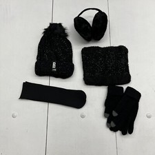 5 Piece Black Winter Beanie W/Pompom Gloves/ Knitted Scarf/Earmuffs/Socks OS NEW