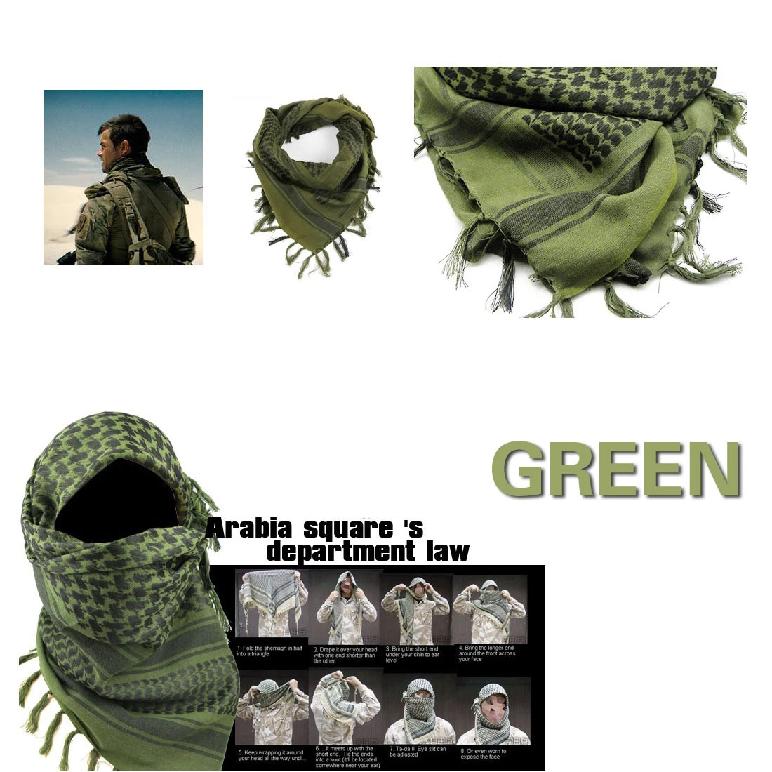 Green Black MFR Arab Shemagh Kaffiyeh Turban Palestine Wrap Scarf