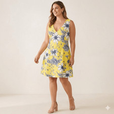 Vince Camuto Women's Size 14 Yellow Floral V-Neck Fit & Flare Dress VC9M9257