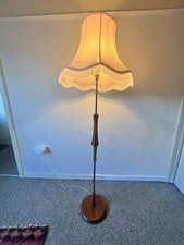 Floor Standing Lamp Vintage Teak and Bras Mid Century With Pink Fringed Shade