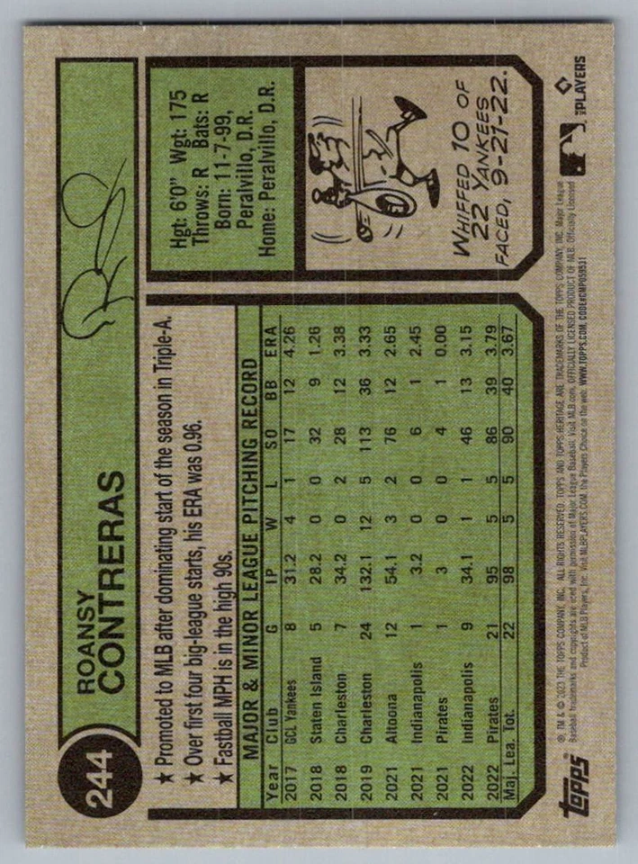 2023 Topps Heritage Roansy Contreras Pittsburgh Pirates #244 - Image 2 of 2