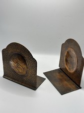 Vintage Arts & Crafts Hammered Copper Bookends — S Monogram Medallion Pair