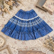 Vintage Blue Tiered Skirt Lace Trim Folk Prairie Cottagecore Midi