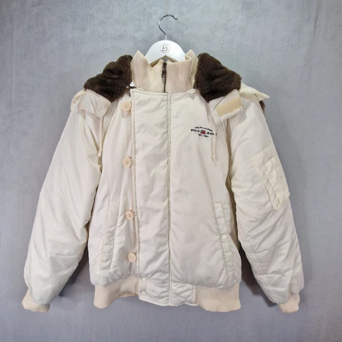 OFF WHITE Ralph Lauren Polo Jeans Giacca Donna Grande Off White Piumino Imbottito Cappotto con Cappuccio