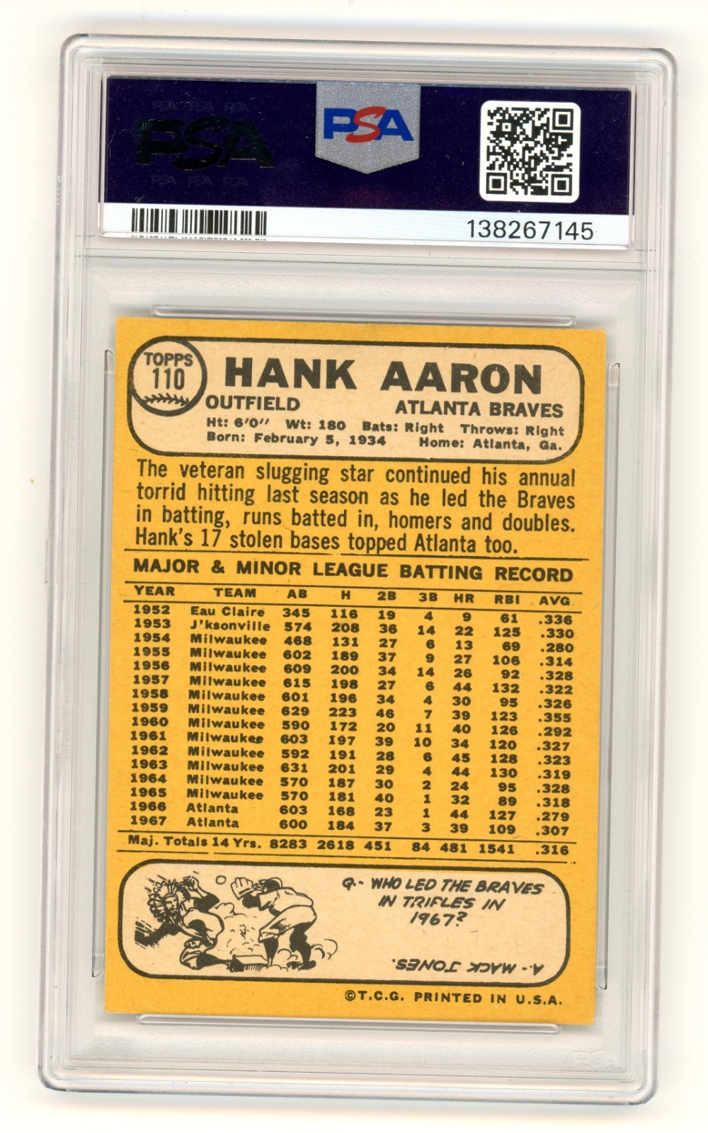 1968 Topps - Hank Aaron #110 PSA VG-EX 4 view 2