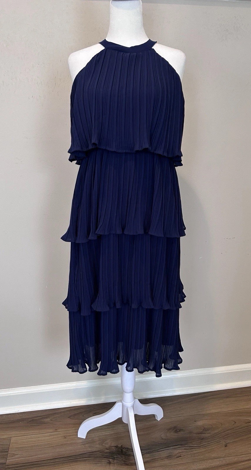 Navy Chiffon Halter Midi Dress Size M Pleated Ruffle Wedding Guest NWT ZESICA