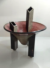 Vtg Mark & Cathy Lukacs Studio Art Pottery Abstract Stoneware Footed Bowl Vase