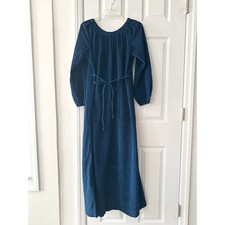 Miss Elaine Vintage Blue Blouson Tie Waist Velvet Long Length Nightgown Medium