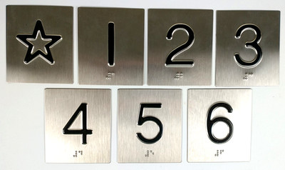 Braille Elevator Jam Plates: Star, 1, 2, 3, 4, 5, 6 Raised Black 3''x3 1/2'' A984