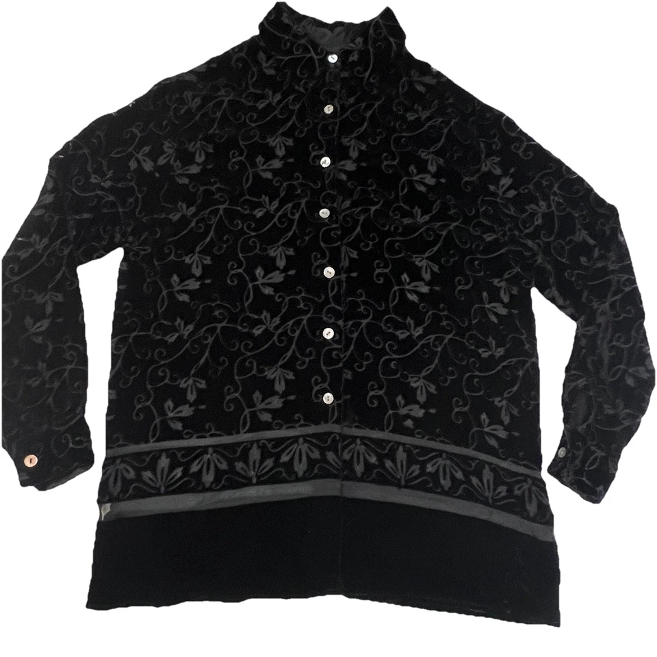 Blusa de Terciopelo Valerie Stevens Petites PM Negra Floral Botón Frontal Mezcla de Seda LS Foto 4 de 4